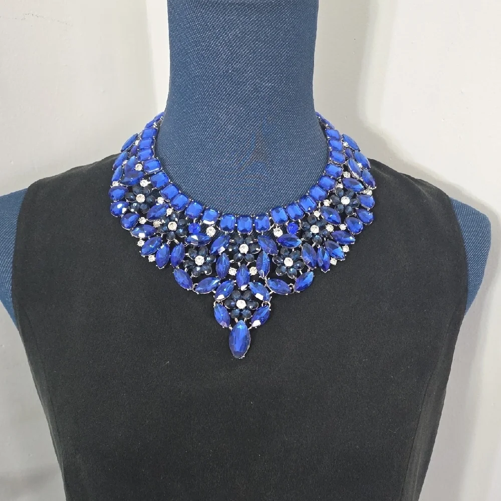 Statement Silver with Blue Crystal Stones Necklace and Matching Earrings Set
